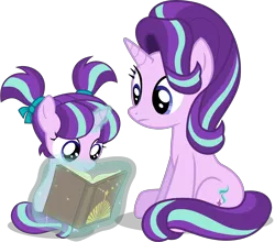 Size: 6550x5770 | Tagged: safe, artist:chebut, artist:ggalleonalliance, artist:illumnious, banned from derpibooru, deleted from derpibooru, derpibooru import, starlight glimmer, book, duality, female, filly, self paradox, self ponidox, time paradox, younger