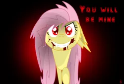 Size: 1024x692 | Tagged: safe, artist:lettelauren, banned from derpibooru, deleted from derpibooru, derpibooru import, fluttershy, bat pony, pony, vampire, vampony, bat ponified, blood, coming at you, fangs, flutterbat, grin, looking at you, race swap, raised hoof, red eyes, smiling, solo, speech, talking, yandere