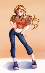 Size: 620x1000 | Tagged: safe, artist:the-park, banned from derpibooru, deleted from derpibooru, derpibooru import, sunset shimmer, human, belly button, clothes, converse, humanized, jeans, midriff, pants, shoes, sneakers, solo, standing