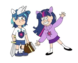 Size: 900x729 | Tagged: safe, artist:blankpapermind, banned from derpibooru, deleted from derpibooru, derpibooru import, shining armor, twilight sparkle, bianca alencar, book, brazil, clothes, cosplay, costume, dipper pines, duo, gravity falls, mabel pines, sword, voice actor joke, weapon