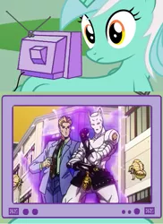 Size: 563x772 | Tagged: safe, banned from derpibooru, deleted from derpibooru, derpibooru import, lyra heartstrings, diamond is unbreakable, exploitable meme, harvest, jojo's bizarre adventure, killer queen, meme, obligatory pony, quality, stand, tv meme, yoshikage kira, yoshikage lyra