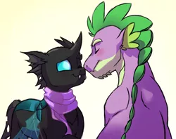 Size: 1024x809 | Tagged: safe, artist:lopoddity, banned from derpibooru, deleted from derpibooru, derpibooru import, spike, thorax, changeling, dragon, pandoraverse, the times they are a changeling, blushing, boop, clothes, cute, dawwww, eyes closed, gay, happy, image, male, noseboop, nuzzling, older, older spike, one eye closed, png, raised hoof, scarf, shipping, simple background, sitting, smiling, thoraxspike, white background, wholesome, wink