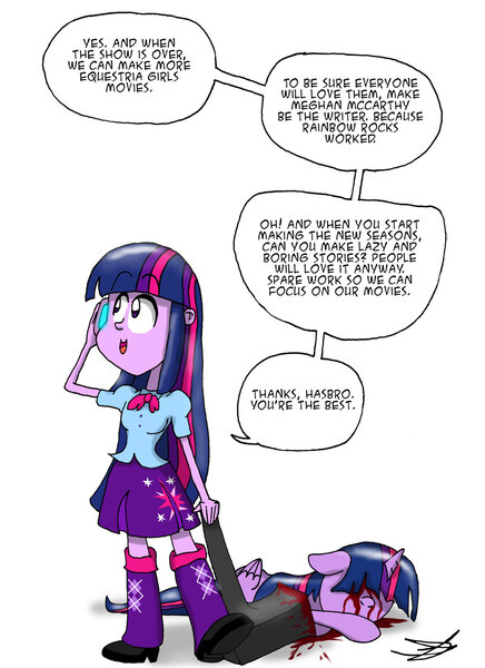 Size: 1024x1408 | Tagged: grimdark, artist:ringteam, banned from derpibooru, deleted from derpibooru, derpibooru import, twilight sparkle, twilight sparkle (alicorn), alicorn, pony, equestria girls, blood, drama, drama bait, equestria girls drama, hammer, human ponidox, meta, mobile phone, op is quibble pants?, opinion, phone, self ponidox