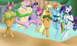 Size: 4200x2520 | Tagged: suggestive, artist:necrofeline, artist:necronomikat, banned from derpibooru, deleted from derpibooru, derpibooru import, applejack, fluttershy, pinkie pie, rainbow dash, rarity, twilight sparkle, twilight sparkle (alicorn), oc, oc:penny myth, alicorn, anthro, bat pony, plantigrade anthro, unguligrade anthro, absurd resolution, belly button, big breasts, bikini, book, breasts, busty fluttershy, busty rarity, cleavage, clothes, dialogue, flutterbat, freckles, group, huge breasts, image, impossibly large breasts, mane six, one-piece swimsuit, open mouth, png, pond, race swap, swimsuit, text