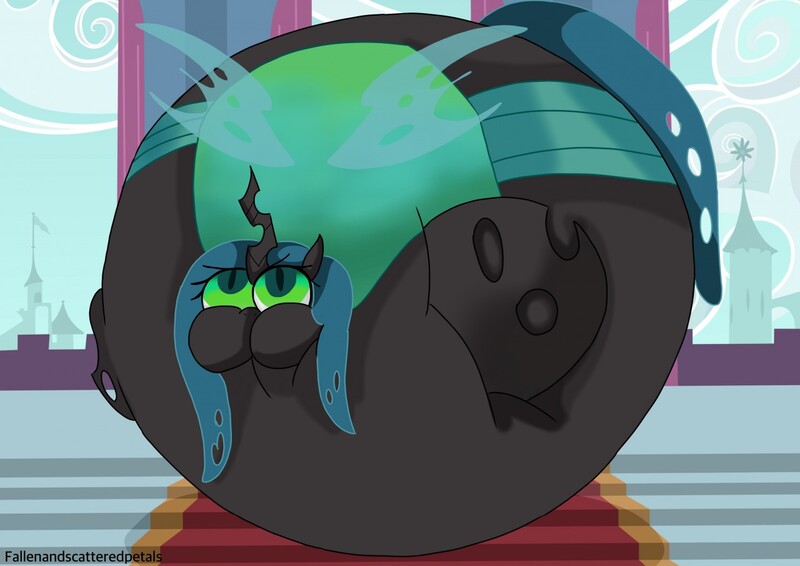 Size: 1280x905 | Tagged: questionable, artist:fallenandscattered, banned from derpibooru, deleted from derpibooru, derpibooru import, queen chrysalis, a canterlot wedding, belly, belly bed, big belly, female, huge belly, impossibly large belly, inflation, love, solo, solo female, stuffed