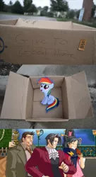 Size: 500x922 | Tagged: safe, banned from derpibooru, deleted from derpibooru, derpibooru import, rainbow dash, human, pony, fanfic:my little dashie, ace attorney, crossover, dashie meme, dick gumshoe, exploitable meme, female, filly, good people finding dash meme, kay faraday, meme, miles edgeworth, obligatory pony, photo