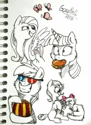 Size: 1406x1920 | Tagged: safe, artist:grayball842, banned from derpibooru, deleted from derpibooru, derpibooru import, fluttershy, opalescence, rainbow dash, rarity, twilight sparkle, butterfly, 3d glasses, bow, burger, female, filly, filly rarity, food, hair bow, monochrome, mouth hold, neo noir, partial color, popcorn, traditional art, twilight burgkle, younger