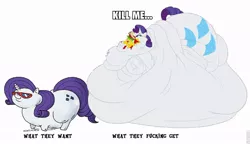 Size: 960x553 | Tagged: safe, banned from derpibooru, deleted from derpibooru, derpibooru import, edit, rarity, blob, burger, caption, chubby, fat, food, image macro, lordryu fat edit, morbidly obese, obese, text