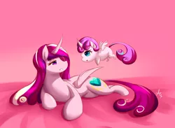 Size: 1200x880 | Tagged: safe, artist:azarakikun, banned from derpibooru, deleted from derpibooru, derpibooru import, princess cadance, princess flurry heart, cute, female, flying, mother and child, mother and daughter, prone