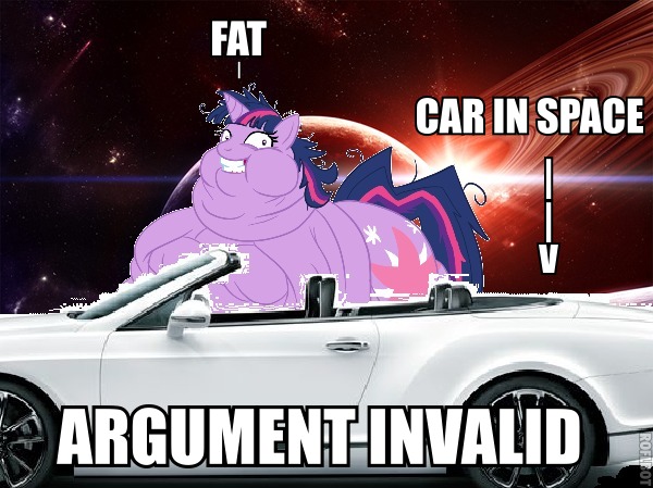 Size: 600x449 | Tagged: safe, banned from derpibooru, deleted from derpibooru, derpibooru import, twilight sparkle, caption, car, fat, image macro, morbidly obese, nostalgia critic, obese, reference, space, text, wat, your argument is invalid