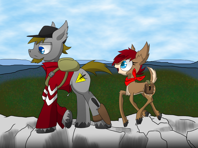 Size: 1280x956 | Tagged: safe, artist:laserbullet, banned from derpibooru, deleted from derpibooru, derpibooru import, oc, oc:laserbullet, oc:maple, unofficial characters only, deer, earth pony, pony, adventure, backpack, bag, beard, clothes, doe, excited, facial hair, female, hat, hiking, holster, jacket, knife, mountain, saddle bag, scarf, size difference