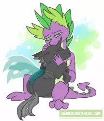 Size: 781x908 | Tagged: safe, artist:imarieu, banned from derpibooru, deleted from derpibooru, derpibooru import, spike, thorax, changeling, the times they are a changeling, cuddling, cute, gay, hug, male, older, older spike, shipping, smiling, snuggling, spikabetes, thorabetes, thoraxspike