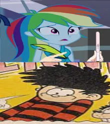 Size: 1024x1156 | Tagged: grimdark, banned from derpibooru, deleted from derpibooru, derpibooru import, rainbow dash, equestria girls, crossover, crossover shipping, dank memes, dennis and gnasher, dennis the menace (uk), pregnancy test, sequel, shipping