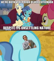 Size: 791x892 | Tagged: safe, banned from derpibooru, deleted from derpibooru, derpibooru import, apple bloom, petunia paleo, the fault in our cutie marks, american psycho, check em, cutie mark, dubs, exploitable meme, meme, petunia paleo's unsettling cutie mark