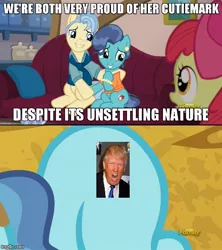Size: 500x564 | Tagged: safe, banned from derpibooru, deleted from derpibooru, derpibooru import, apple bloom, petunia paleo, the fault in our cutie marks, donald trump, exploitable meme, meme, petunia paleo's unsettling cutie mark