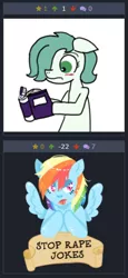 Size: 248x538 | Tagged: safe, artist:exoticdreamer, artist:ficficponyfic, banned from derpibooru, deleted from derpibooru, derpibooru import, screencap, rainbow dash, oc, oc:emerald jewel, derpibooru, blushing, book, juxtaposition, meta, raised eyebrow, simple background, tongue out, wingding eyes