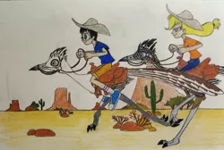 Size: 2731x1831 | Tagged: safe, artist:smcho1014, banned from derpibooru, deleted from derpibooru, derpibooru import, applejack, oc, oc:wild sketchy, bird, human, roadrunner, equestria girls, cactus, colored pencil drawing, cowboy hat, desert, female, hat, male, reins, riding, roadrunner ride, saddle, saguaro cactus, tack, traditional art