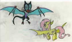Size: 4687x2725 | Tagged: safe, artist:smcho1014, banned from derpibooru, deleted from derpibooru, derpibooru import, fluttershy, oc, oc:wild sketchy, bat, bat pony, dragon, noivern, pony, bat ponified, colored pencil drawing, duo, female, flutterbat, male, mare, pokémon, race swap, spread wings, traditional art, wings