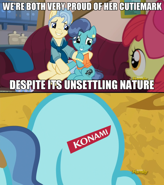 Size: 1280x1444 | Tagged: safe, banned from derpibooru, deleted from derpibooru, derpibooru import, edit, edited screencap, screencap, mr. paleo, mrs. paleo, petunia paleo, the fault in our cutie marks, cutie mark, exploitable meme, image, kojima productions, konami, meme, petunia paleo's unsettling cutie mark, png