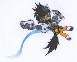 Size: 1957x1592 | Tagged: safe, artist:smcho1014, banned from derpibooru, deleted from derpibooru, derpibooru import, ponified, pony, unicorn, clothes, colored pencil drawing, crossover, female, glowing horn, goggles, gun, handgun, hooves, horn, levitation, magic, mare, overwatch, pistol, shoes, solo, telekinesis, tight clothing, tights, tracer, traditional art, weapon