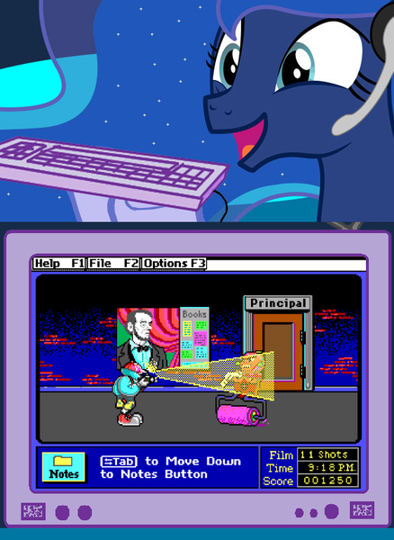 Size: 562x769 | Tagged: safe, banned from derpibooru, deleted from derpibooru, derpibooru import, princess luna, robot, gamer luna, educational game, exploitable meme, keyboard, meme, obligatory pony, paint roller, school, super solvers, super solvers: midnight rescue, tv meme