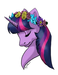 Size: 1600x2071 | Tagged: safe, artist:xxcommandershepardxx, banned from derpibooru, deleted from derpibooru, derpibooru import, twilight sparkle, bust, eyes closed, floral head wreath, flower, portrait, profile, simple background, solo, transparent background