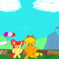 Size: 1024x1024 | Tagged: safe, artist:renaki05, banned from derpibooru, deleted from derpibooru, derpibooru import, apple bloom, applejack, balloon, comic sans, flag, newbie artist training grounds, tent