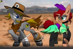 Size: 1280x857 | Tagged: safe, artist:laserbullet, banned from derpibooru, deleted from derpibooru, derpibooru import, oc, oc:fae, oc:laserbullet, unofficial characters only, bandage, blurred background, burlesque, cloak, clothes, cowboy hat, desert, dress, feather, gun, handgun, hat, holster, pistol, saloon dress, spurs, weapon, western