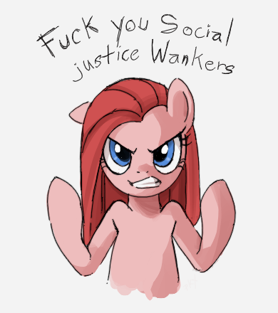 Size: 390x440 | Tagged: safe, artist:ponykillerx, banned from derpibooru, deleted from derpibooru, derpibooru import, pinkie pie, angry, anti-sjw, edgy, mouthpiece, pinkamena diane pie, politics, social justice warrior, solo, vulgar