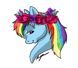 Size: 1024x902 | Tagged: safe, artist:xxcommandershepardxx, banned from derpibooru, deleted from derpibooru, derpibooru import, rainbow dash, bust, floral head wreath, flower, portrait, simple background, solo, transparent background