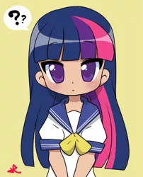 Size: 1267x1565 | Tagged: safe, artist:lolopan, banned from derpibooru, deleted from derpibooru, derpibooru import, edit, twilight sparkle, human, adorkable, blushing, chibi, clothes, cute, dork, humanized, light skin, looking at you, lucky star, :o, open mouth, question mark, sailor uniform, school uniform, simple background, solo, sparkle, uniform