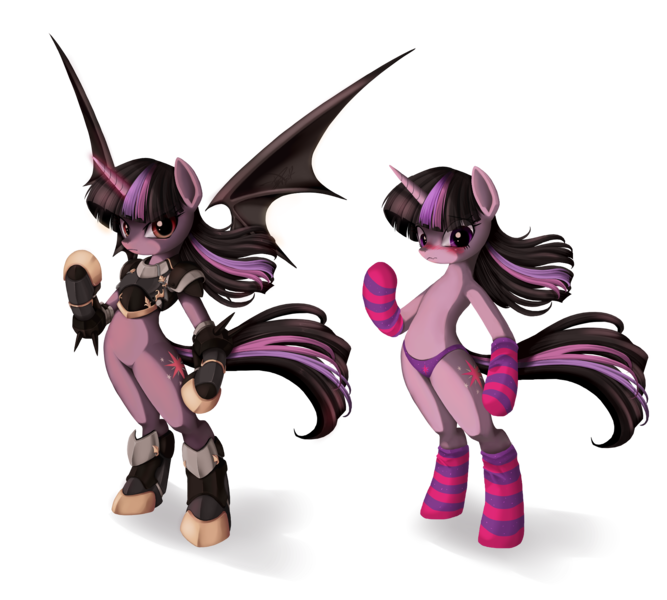 Size: 2000x1800 | Tagged: suggestive, alternate version, artist:ponykillerx, banned from derpibooru, deleted from derpibooru, derpibooru import, twilight sparkle, pony, vampire, armor, bipedal, blushing, clothes, cutie mark underwear, embarrassed, night guard, panties, purple underwear, socks, striped socks, underwear