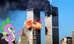Size: 795x470 | Tagged: safe, banned from derpibooru, deleted from derpibooru, derpibooru import, edit, screencap, spike, 9/11, 9/11 joke, explosion, irl, photo, smoke, solo, spike ruins everything, twin towers