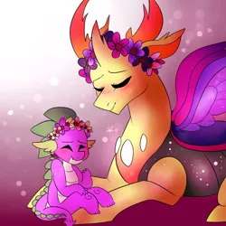 Size: 1024x1024 | Tagged: safe, artist:pinch-of-salt, banned from derpibooru, deleted from derpibooru, derpibooru import, spike, thorax, changedling, changeling, to where and back again, adorkable, blushing, cuddling, cute, dork, eyes closed, floral head wreath, flower, gay, king thorax, male, prone, shipping, smiling, snuggling, thoraxspike, too cute