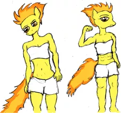 Size: 613x573 | Tagged: safe, artist:nastipone, banned from derpibooru, deleted from derpibooru, derpibooru import, spitfire, anthro, abs, belly button, clothes, flexing, frown, looking at you, sexy, shorts, stupid sexy spitfire, top, wonderbolts