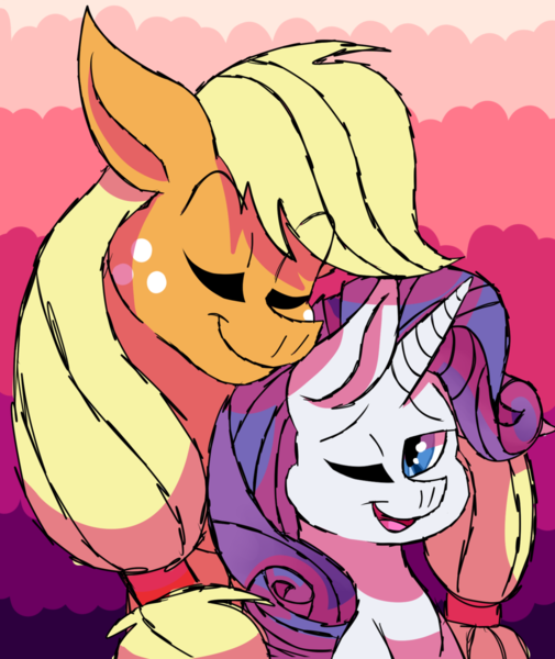 Size: 1024x1216 | Tagged: safe, artist:haleythewerehog, banned from derpibooru, deleted from derpibooru, derpibooru import, applejack, rarity, eyes closed, female, lesbian, one eye closed, rarijack, shipping, simple background