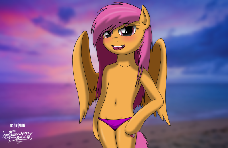 Size: 3400x2200 | Tagged: suggestive, artist:mcflurrylazermuffin, banned from derpibooru, deleted from derpibooru, derpibooru import, scootaloo, anthro, unguligrade anthro, arm hooves, barbie doll anatomy, belly button, breasts, clothes, delicious flat chest, female, panties, partial nudity, solo, solo female, swimsuit, topless, underwear