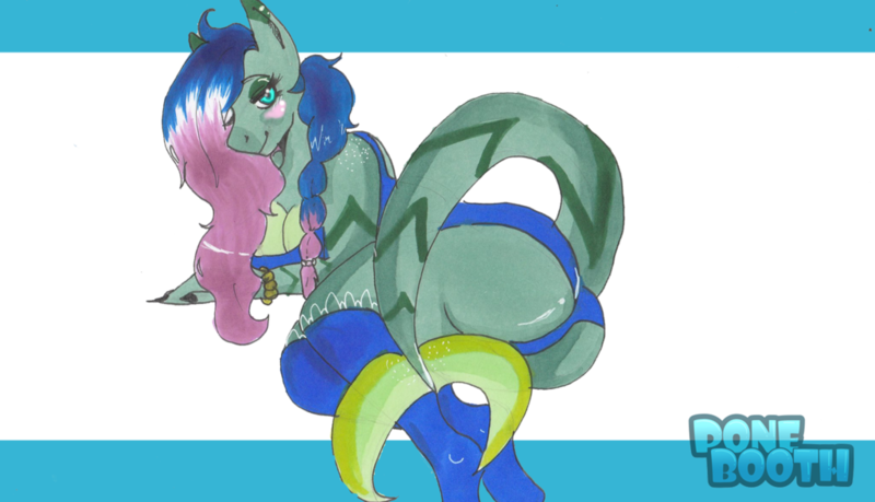 Size: 1024x588 | Tagged: suggestive, artist:ponebooth, banned from derpibooru, deleted from derpibooru, derpibooru import, anthro, original species, plantigrade anthro, shark, shark pony, bedroom eyes, clothes, female, one-piece swimsuit, solo, solo female, swimsuit, tail