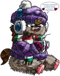 Size: 1000x1255 | Tagged: safe, artist:davide76, banned from derpibooru, deleted from derpibooru, derpibooru import, fluffy pony, cap, clothes, coffee, earmuffs, hat, hugbox, mug, scarf, simple background, solo, sweater, transparent background, underhoof