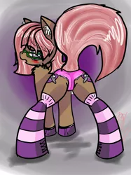 Size: 1936x2592 | Tagged: suggestive, artist:tuxedostallion, banned from derpibooru, deleted from derpibooru, derpibooru import, oc, oc:ashe, earth pony, clothes, embarrassed, female, frilly underwear, glasses, lace, looking at you, looking back, mare, rule 63, simple background, socks, solo, underwear