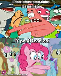 Size: 1637x2048 | Tagged: safe, artist:rsa.fim, banned from derpibooru, deleted from derpibooru, derpibooru import, pinkie pie, ponified, pony, meme, patrick star, spanish, spanish text, spongebob squarepants, unitárium