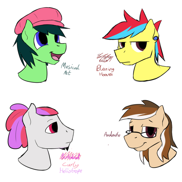 Size: 1200x1200 | Tagged: safe, artist:timidwithapen, banned from derpibooru, deleted from derpibooru, derpibooru import, oc, oc:andante, oc:blazing hooves, oc:curly heliotrope, oc:musical act, redesign