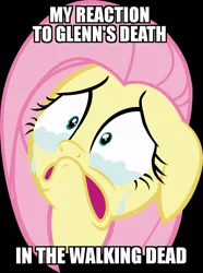 Size: 771x1035 | Tagged: safe, banned from derpibooru, deleted from derpibooru, derpibooru import, fluttershy, caption, image macro, meme, obligatory pony, reaction image, spoilers for another series, text, the walking dead, why