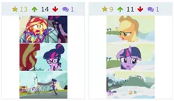 Size: 589x341 | Tagged: safe, banned from derpibooru, deleted from derpibooru, derpibooru import, applejack, sunset shimmer, twilight sparkle, derpibooru, equestria girls, friendship games, winter wrap up, comparison, juxtaposition, juxtaposition win, meme, meta