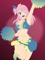 Size: 1024x1365 | Tagged: safe, artist:darkpersonamato, artist:starchildtm, banned from derpibooru, deleted from derpibooru, derpibooru import, fluttershy, bat pony, human, armpits, belly button, breasts, busty fluttershy, cheerleader, fairy tail, female, flutterbat, humanized, lucy heartfilia, midriff, one eye closed, pom pom, race swap, recolor, solo, watermark, wink