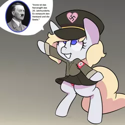 Size: 1278x1272 | Tagged: safe, artist:jay156, artist:snugs, banned from derpibooru, deleted from derpibooru, derpibooru import, edit, oc, oc:aryanne, unofficial characters only, earth pony, human, pony, adolf hitler, armband, bipedal, clothes, cute, female, german, hat, heart, heil, nazi, panties, panty shot, quote, red underwear, sieg heil, skirt, skirt lift, smiling, speech bubble, swastika, underwear, uniform, upskirt