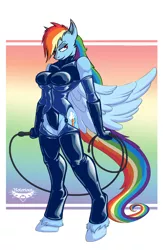 Size: 554x850 | Tagged: suggestive, artist:krd, artist:notorious84, banned from derpibooru, deleted from derpibooru, derpibooru import, edit, editor:vanchees, rainbow dash, anthro, unguligrade anthro, big breasts, breasts, busty rainbow dash, clothes, corset, female, femdom, latex, solo, solo female, stockings, thigh highs, unshorn fetlocks, whip