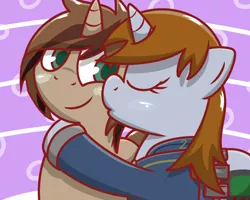 Size: 1000x800 | Tagged: safe, artist:camelol, artist:pokefound, banned from derpibooru, deleted from derpibooru, derpibooru import, edit, oc, oc:firing bullet, oc:littlepip, fallout equestria, blushing, kissing, pokefound trigger warning, recolor