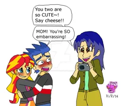 Size: 1024x897 | Tagged: safe, artist:resotii, banned from derpibooru, deleted from derpibooru, derpibooru import, flash sentry, sunset shimmer, oc, equestria girls, blushing, female, flashimmer, male, parent, shipping, straight