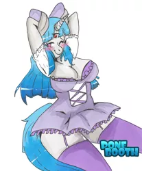 Size: 1024x1236 | Tagged: suggestive, artist:ponebooth, banned from derpibooru, deleted from derpibooru, derpibooru import, oc, unofficial characters only, anthro, unicorn, blushing, bow, clothes, dress, garters, hair bow, solo, stockings, thigh highs, third eye
